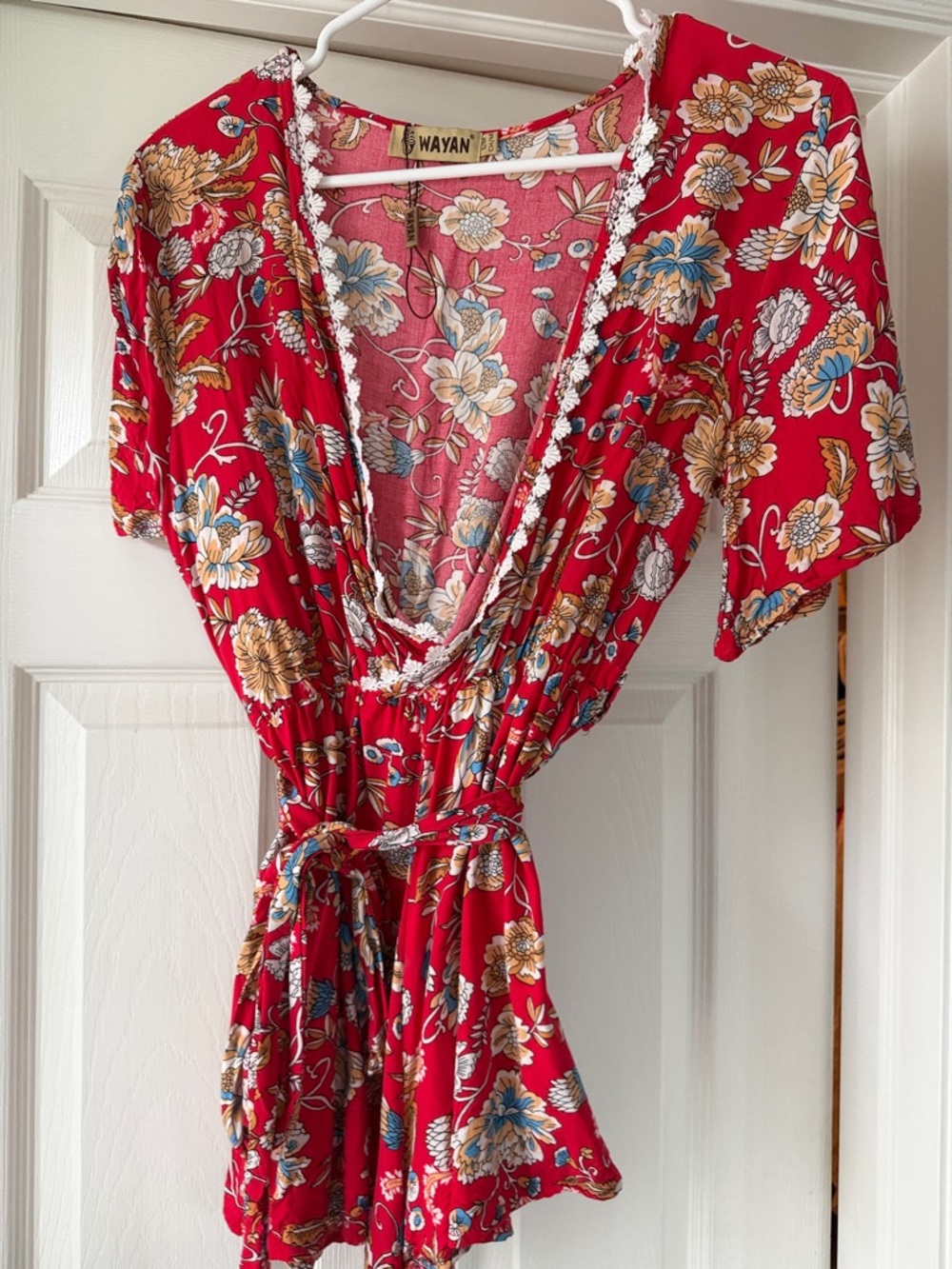Red Floral Wrap Chemise with Tie Waist